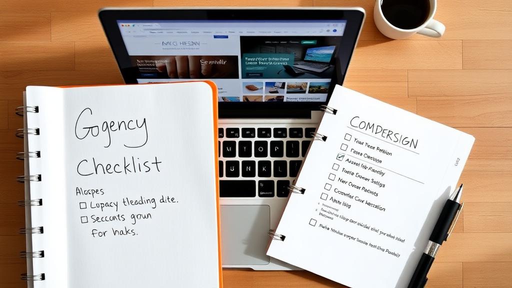 Notebook with a handwritten agency comparison checklist beside a laptop showing portfolio sites