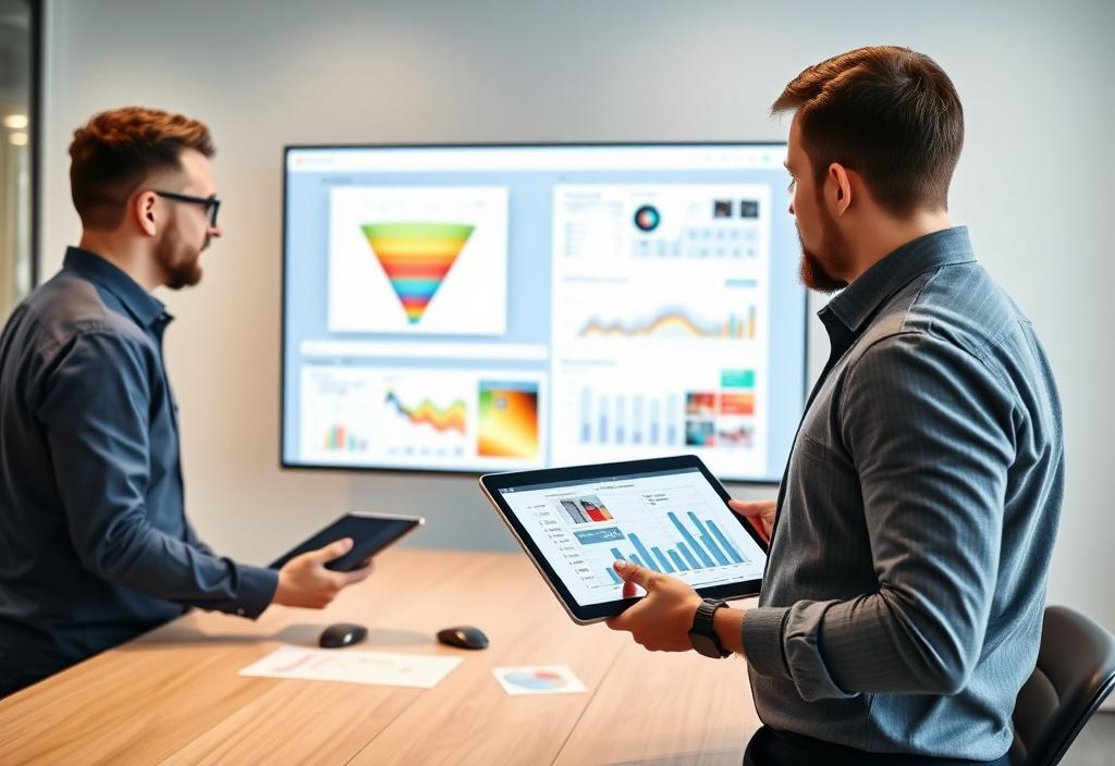 Analysts discussing conversion funnels and heatmap reports on a meeting room monitor