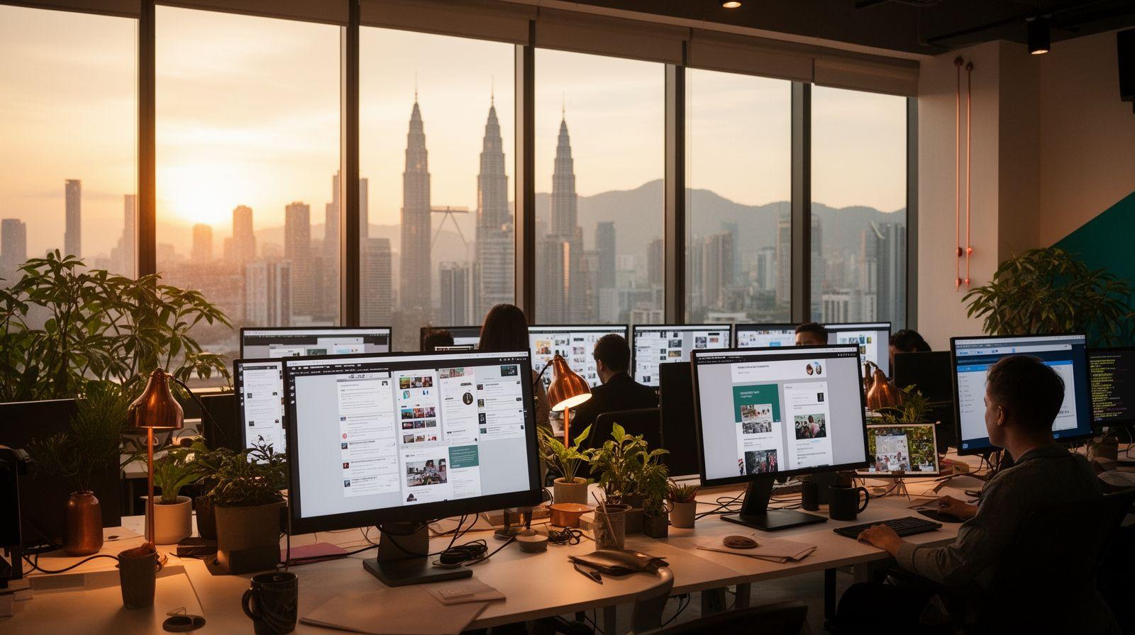 Designers working on website layouts in the BrewWorks studio with the Kuala Lumpur skyline behind them