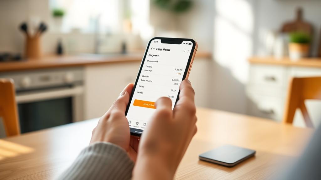 Hands completing a mobile checkout payment form on a smartphone at a kitchen table