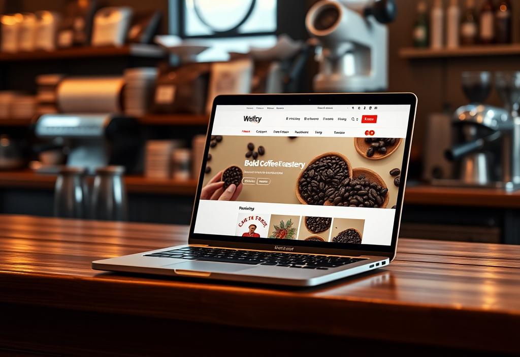 Laptop in a cafe showing the Highland Brew Co. coffee roastery online store