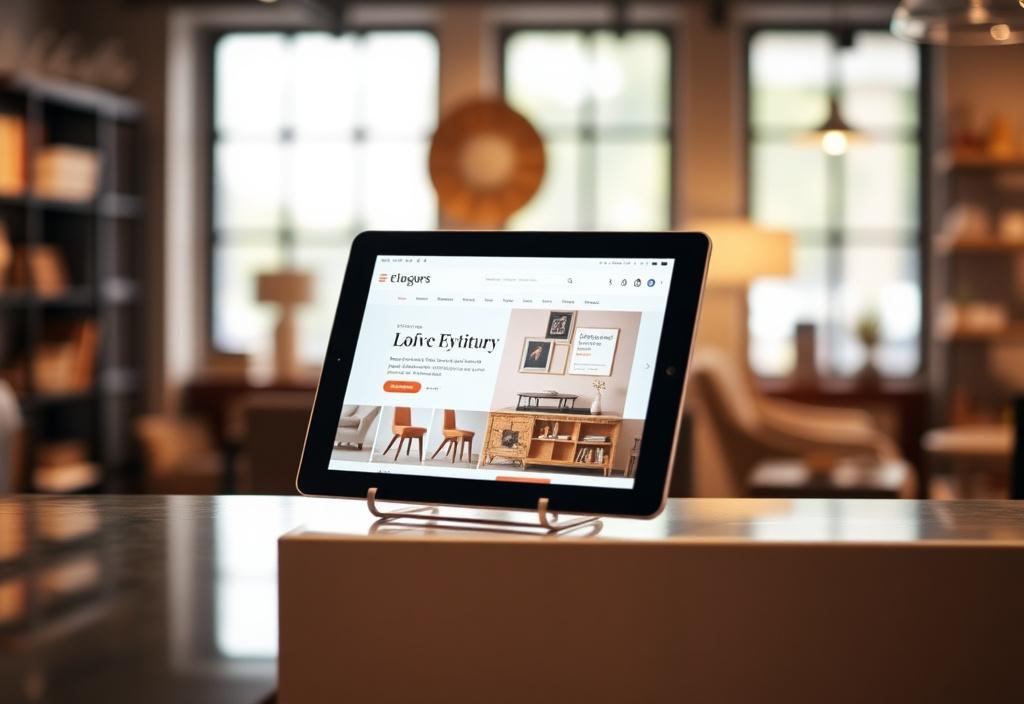 Tablet on a boutique counter showing the Marina Living furniture store website