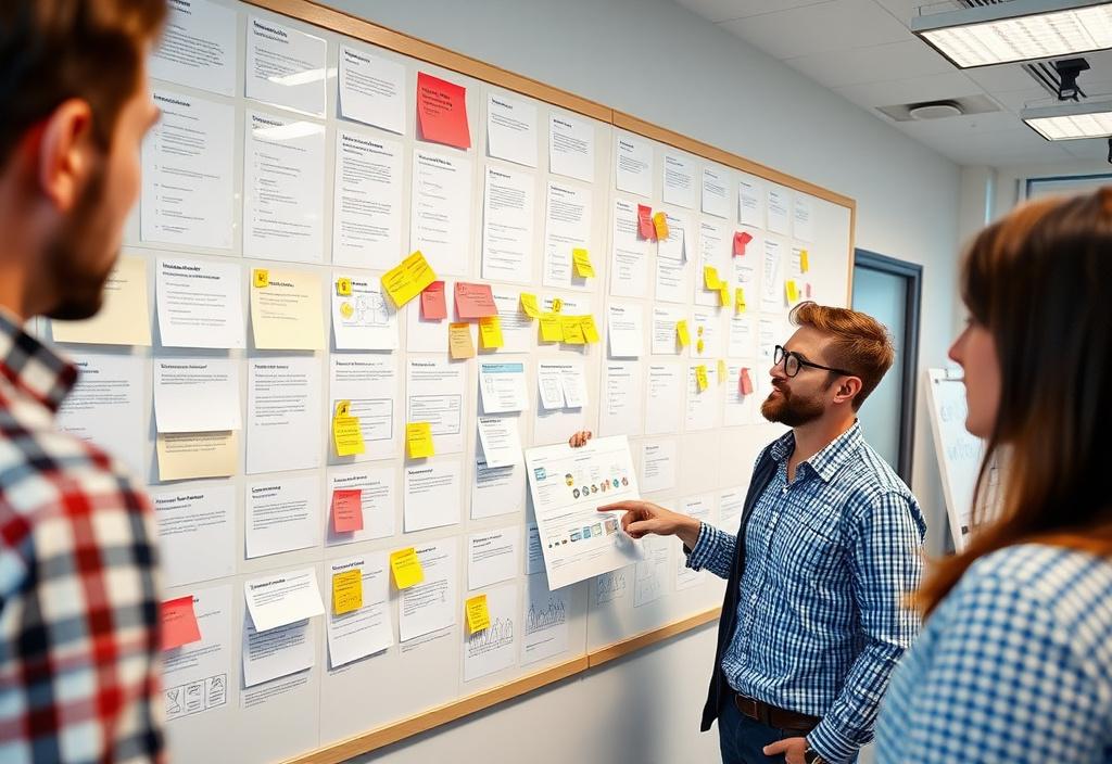 A BrewWorks designer walking the team through a sitemap and user flow planning wall