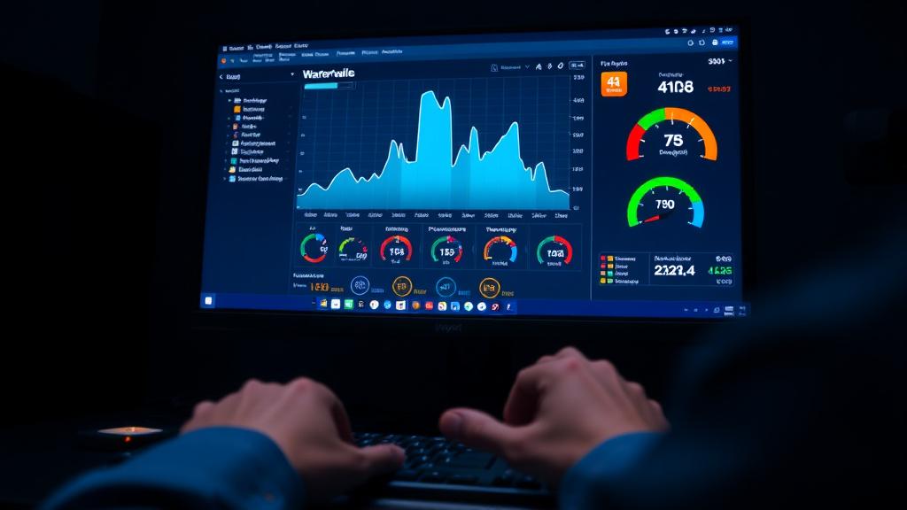 Developer's monitor showing a website performance waterfall chart and speed scores