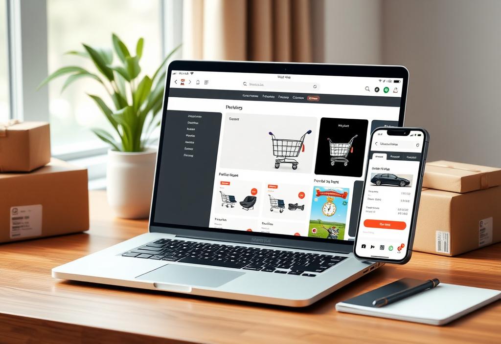Laptop showing a clean online store product page with a mobile checkout on a phone beside it