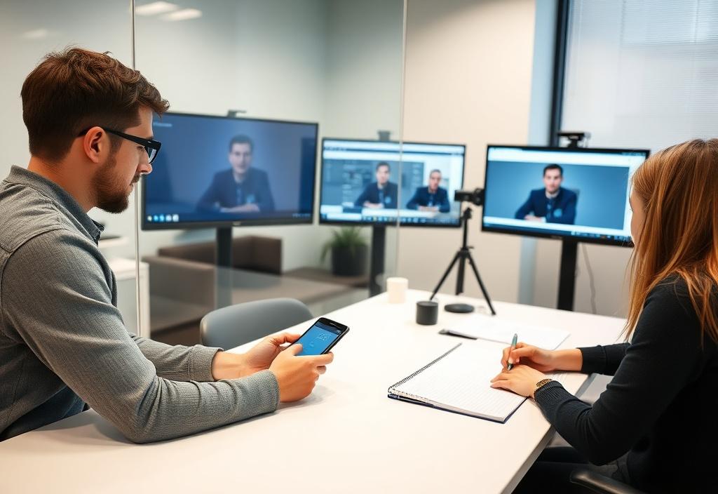 A usability testing session observed through glass while a participant uses a smartphone